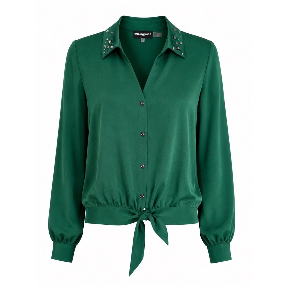 Karl‎ Lagerfeld Paris NWT Green Rhinestone Collar Tie Front Blouse Small